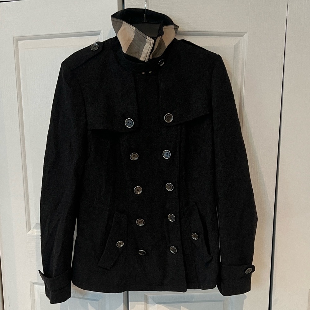 Burberry Brit 12 US Black Dark Gray Trench Coat NOVA CHECK PRINT Lined Wool
